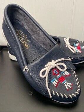 Minnetonka Women's Dark Blue Moccasins with Colorful Beads